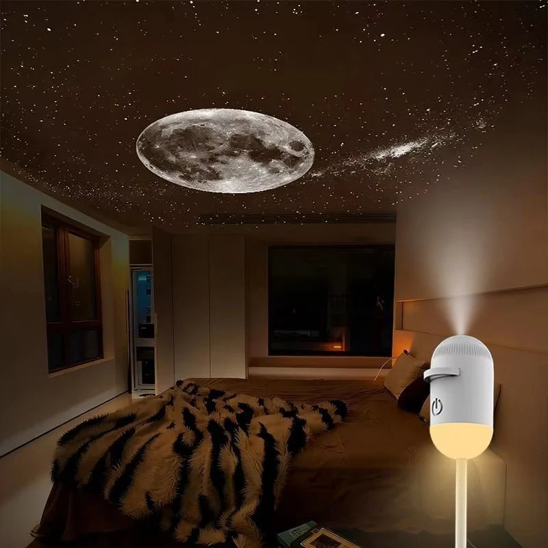 Room with a starry ceiling projector displaying a moon and galaxy, with a small lamp projecting light.