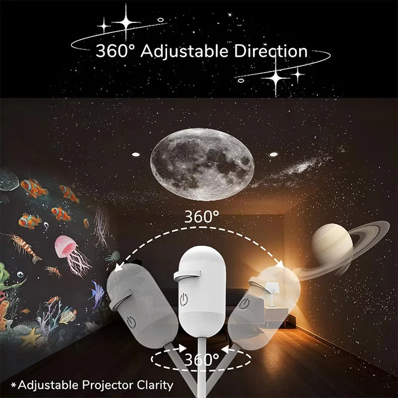 Projector with 360-degree adjustable direction feature, showing its use in a room with a moon and planet display.